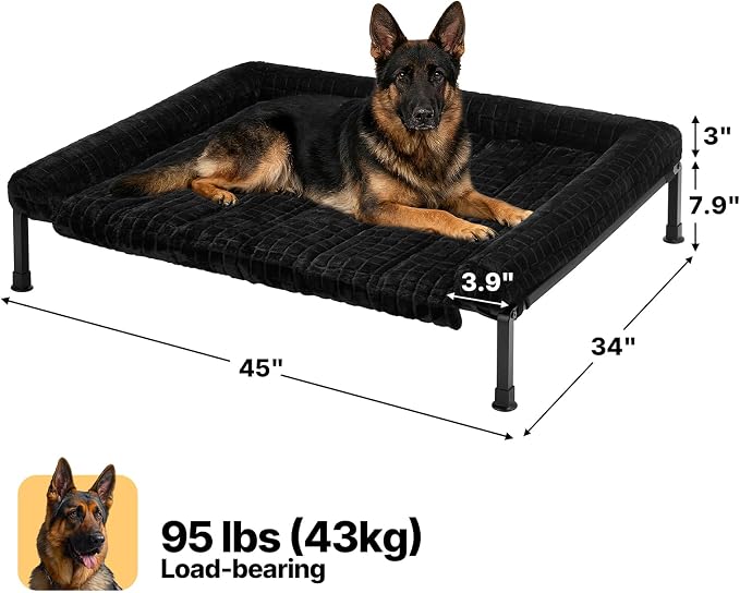 Veehoo Elevated Dog Bed with Fluffy Plush Bolster Cushion, Dog Couch Bed | Cooling Raised Dog Bed for Large Dogs, Washable Orthopedic Pet Cot with Removable Mat, Breathable Mesh, Non-Slip, 45", Black
