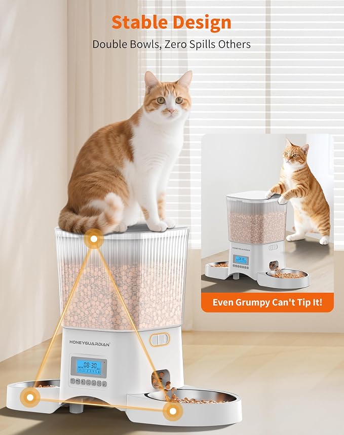HoneyGuaridan Automatic Cat Feeder for 2 Cats,Automatic Cat Food Dispenser,Timed Pet Feeder for Cats and Dogs,Desiccant Bag, Programmable Portion Control,10s Voice Recorder