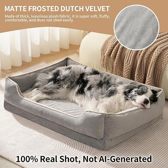 FAIRYPET Orthopedic Dog Bed for Medium to Large Dogs & Cats, Memory Foam Dog Bed with Washable Removable Cover, Top-Grade Dutch Velvet Fabric Pet Sofa Couch for Crate with Nonskid Bottom, Grey