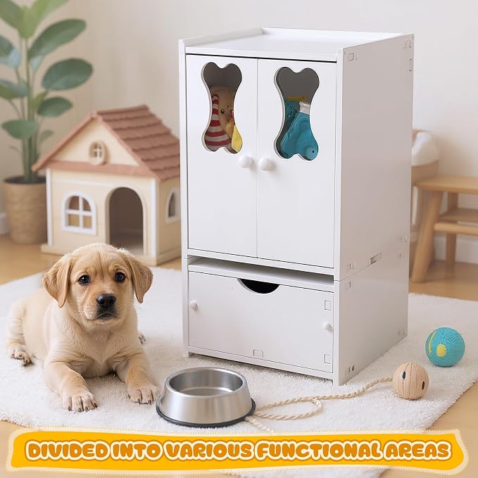 Teenyyou 22.84 x 12.99 x 12.6 Inch Pet Wardrobe Closet Dog Toy Clothes Storage Organizer with Doors and Telescopic Hanging Rod Combinable Drawers Closet Rack for Small Dog Cat Toys Clothes Accessories