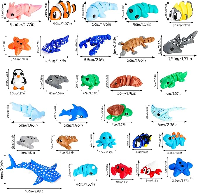 30 Pcs Mini Random 3D Printed Animal Statues Figurines Set Movable Joints Surprise 3D Printed Animals Cute Desk Decor Party Favors for Adults Home Office Desk Decoration Display