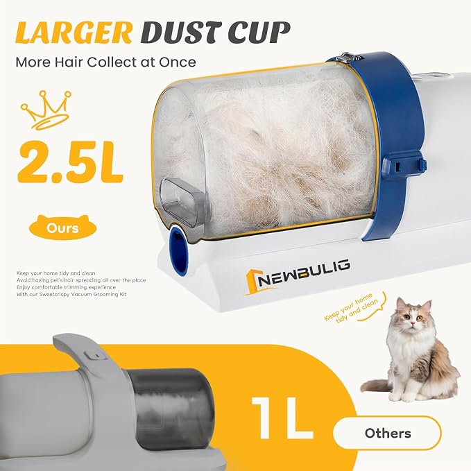 NEWBULIG Pet Grooming Vacuum Kit for Cats and Dogs, 2.5L Dust Cup | 3 Suction Modes and 5 Groomer Tools, Low Noise for Cats, Dogs Other Animals Hair Trimmer, White and Blue