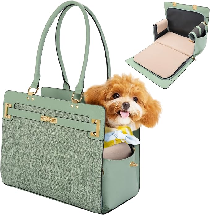 2-in-1 Stylish Dog Purse Carrier Soft-Sided Carriers Travel Tote Bag for Small Dogs Cats, Fashion Foldable Pet Bag for Puppies Small Animals with Pockets (Green, 15" L x 7.5" W x 12.2" H)