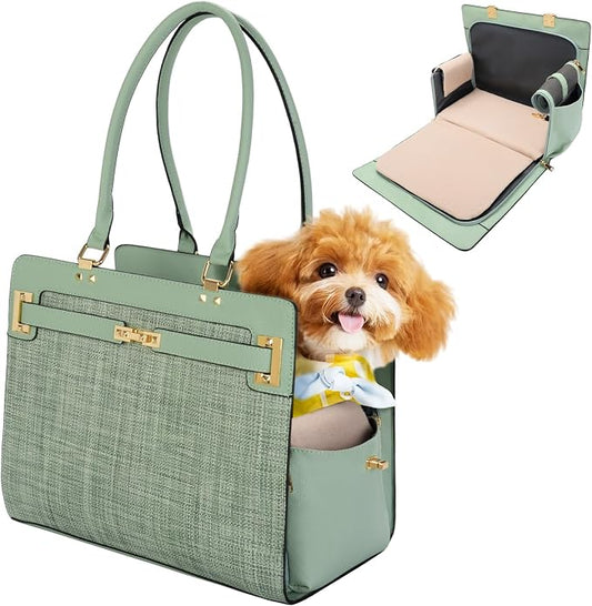 2-in-1 Stylish Dog Purse Carrier Soft-Sided Carriers Travel Tote Bag for Small Dogs Cats, Fashion Foldable Pet Bag for Puppies Small Animals with Pockets (Green, 15" L x 7.5" W x 12.2" H)