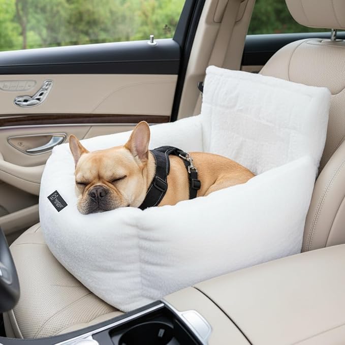 NANDOG Luxury Dog Car Seat Bed for Medium Dogs, Cloud Ultra Plush Pet Seat with Removable & Washable Cushion Insert, Thick Safety Seatbelt Straps, Secure Travel Carrier, Pearl White, 22" L x 18" W