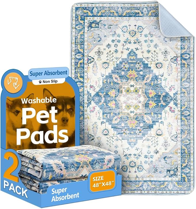 Washable Pee Pads for Dogs, 2 Pack Reusable Puppy Training Pads 48"x48" Super Absorbent Waterproof Dog Training Pads, Non-Slip Potty Pads, Whelping Pads Litter Mat Blue Medallion