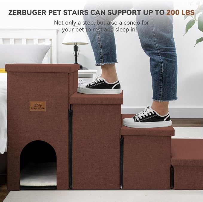 Zerbuger Dog Stairs with Storage, Brown 4 Steps Dog Ramp with Condo for Bed | 23" H Wider Dog Steps for High Beds Couch, Folding Storage Pet Stairs Gift for Climbing Small/Medium/Large Old Dogs Cats