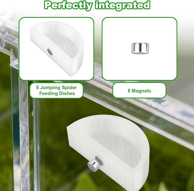 5pcs Jumping Spider Feeding Dish Kit, Magnetic Half Round Jumping Spider Food Feeder Water Bowl Dispenser Leak-Proof Enclosure Accessories Hide Decor for Tarantula Mantis Small Reptiles
