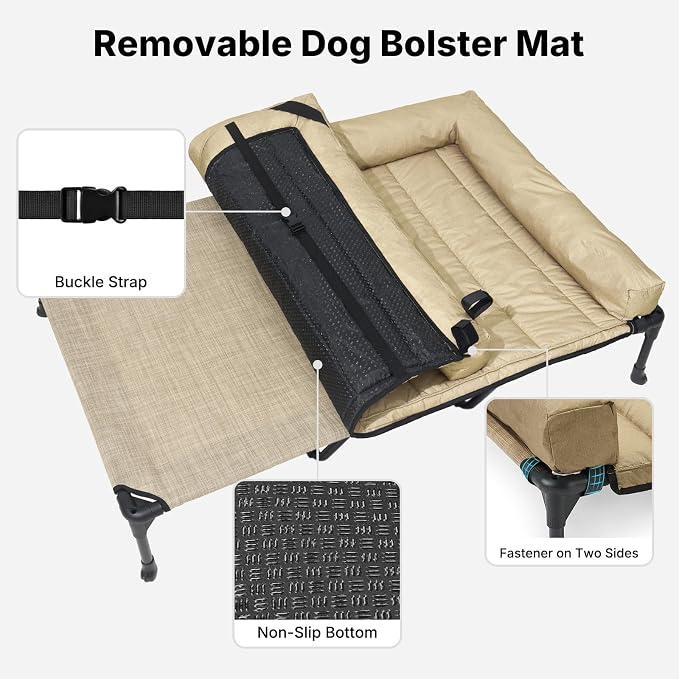 Veehoo Cooling Elevated Dog Bed Add Removable Waterproof Bolster Cushion Mat, Raised Pet Cot with Breathable Teslin Mesh, No-Slip Feet, Dog Couch Bed for Indoor Outdoor, 59x37.5inches, Beige, CWC2331B