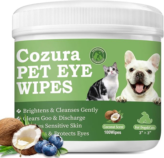Dog Eye Wipes Tear Stain Remover for Dogs & Cats, Gentle Pet Eye Cleaner Pads to Remove Discharge, Crust & Boogers, Natural Grooming Supplies for Puppy, Kitten - 100ct, Coconut Scent