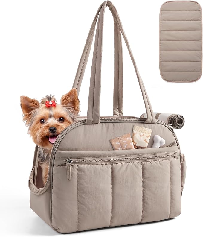 BAGSMART Dog Purse Carrier for Small Dogs Up to 13lbs Puppy Travel Tote Bag | Quilted Puffy Soft Sided Pet Handbag with Pockets, Collapsible Lightweight Portable Carrying with Safety Tether & Mat, Brown