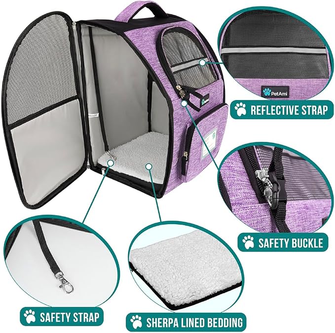 PetAmi Dog Backpack Carrier for Small Medium Dogs Large Cats up to 18 lbs, 2 Side Entry, Structured No-Collapse Frame, Airline Approved Ventilated Pet Backpack for Hiking Camping Travel, Purple