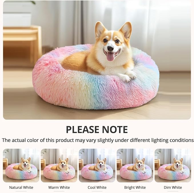 JOLLYVOGUE Calming Dog Beds Large Sized Dog, 36in Donut Washable Large Pet Bed, Anti-Slip & Anti-Anxiety Fluffy Faux Fur Round Dogs Bed, Fits up to 80 lbs Pets (Rainbow)