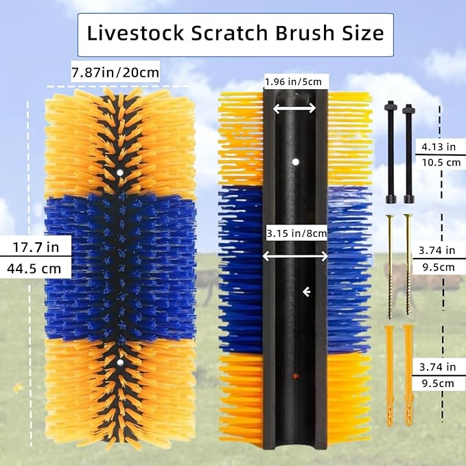 Livestock Scratching Brush 2 Pack, Itch Relief Goat Scratching Post | Horse Cow Goat Brushes for Scratching, Self-Grooming, Upgraded No-Strip Screws for Easy Install Barn Farm, Protects Fence