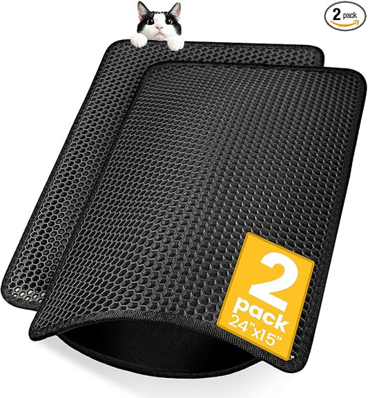 Cat Litter Mat Compact Size 23.6"x14.6" for Small Spaces, Upgrade Waterproof Leakproof Back Layer, Honeycomb Trapping Mat, Washable, Easy to Clean, Scatter Control Kitty Litter Matt, Black, 2 Packs