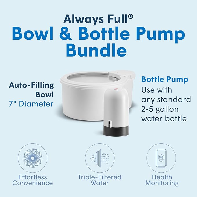 Always Full® 7" Self-Refilling Cat Water Bowl & Bottle Pump Bundle | Self-refilling filtered water with app-enabled hydration monitoring; easily upgradeable to the Always Full® Wall Unit.