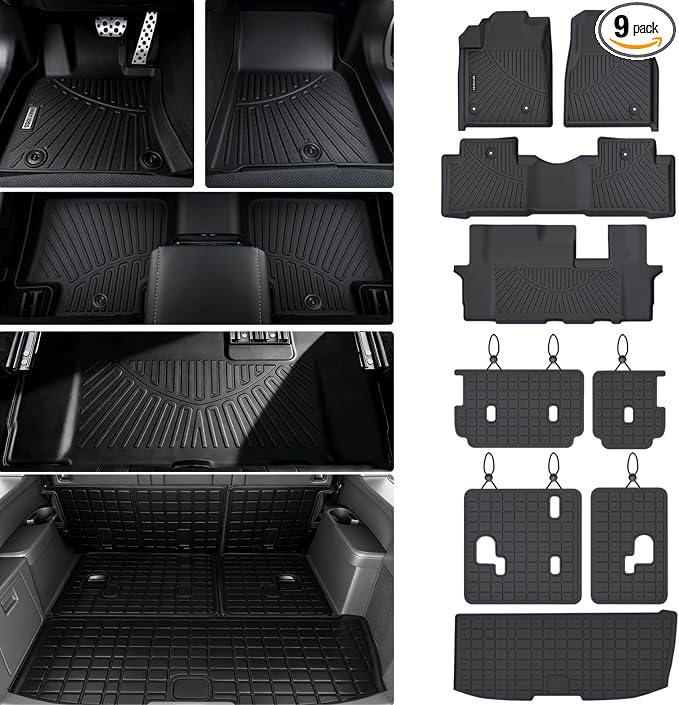 All Weather Floor Mats for Honda Pilot 2009 2010 2011 2012 2013 2014 2015 TPE Rubber Liners Pilot Odorless Anti-Slip 1st & 2nd & 3rd Row Floor Liners - 2nd & 3rd Row Backrest Mats & Cargo Mat Full Set