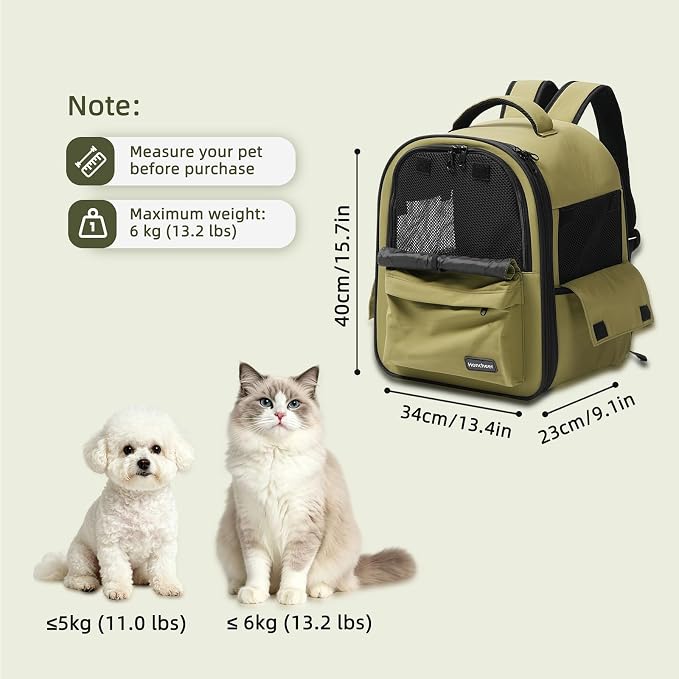 Cat Carrier Dog Backpack Carrier with Anti-Collapse Bottom (Olive Green) | Dog Carrier Mesh Backpack Breathable Pet Travel Bag with Sun Shade, Locking Zippers, Ergonomic Support for Hiking, Vet, Car