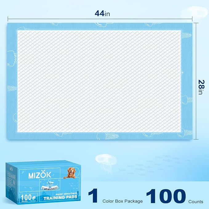 MIZOK XXL Pee Pads for Dogs Super Absorbent Dog Pee Pads Bulk 28x44in 100Ct | Heavy Duty Extra Long Dog Pads Feature Sticky Adhesive Tabs and Leak Proof Jellyfish Bottoms for Long Bodied Breeds