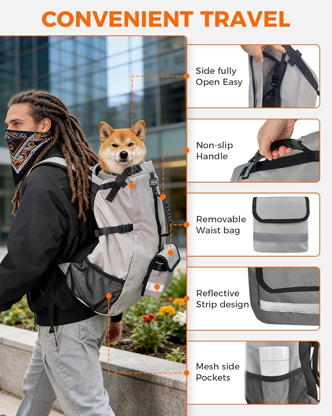 Waterproof Dog Backpack Carrier for Medium Dogs Under 30 lb, Grey | 4-Layer Protection, Adjustable Dog Hiking Backpack with Storage Pockets, Reflective Strips, Non-Slip Handle for Travel