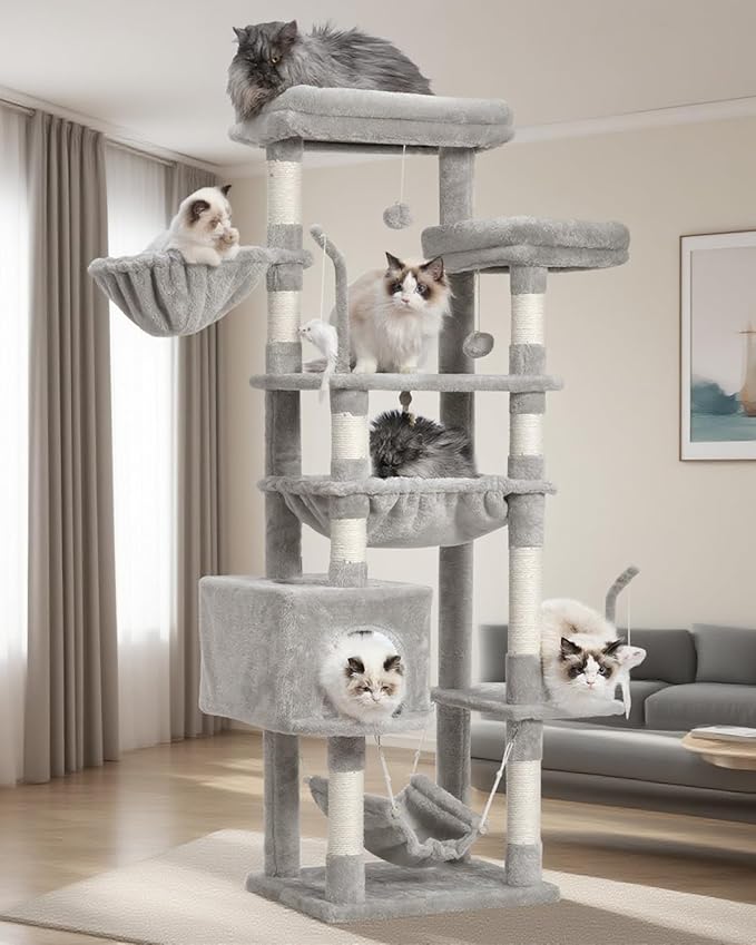 Gitelsnour Cat Tree, Cat Tower for Large Cats with 2 Big Platforms, 2 Baskets, condo and Toys, 63" Cat Scratching Posts for Indoor Cats, Light Gray GCT020W
