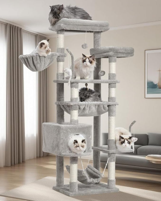 Gitelsnour Cat Tree, Cat Tower for Large Cats with 2 Big Platforms, 2 Baskets, condo and Toys, 63" Cat Scratching Posts for Indoor Cats, Light Gray GCT020W