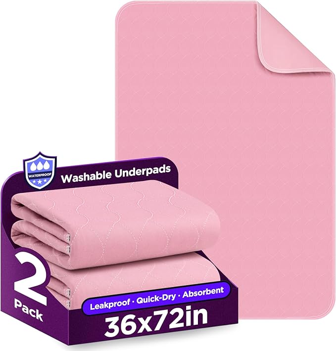 Washable Bed Pads 36" x 72" - 2 Pack, Pink, Waterproof Bed Pads for Incontinence, Bed Wetting Pads for Bed, Sofa, Floor, Resuable Underpads for Adults, Seniors, Pet