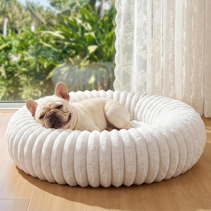 Donut Dog Bed for Small & Medium Dogs, Pet Bed with Non-Slip Bottom, Winter Comfort Dog Beds for Puppies, Washable & Portable Egg Tart Shape (M) Medium Dog Bed self Warming