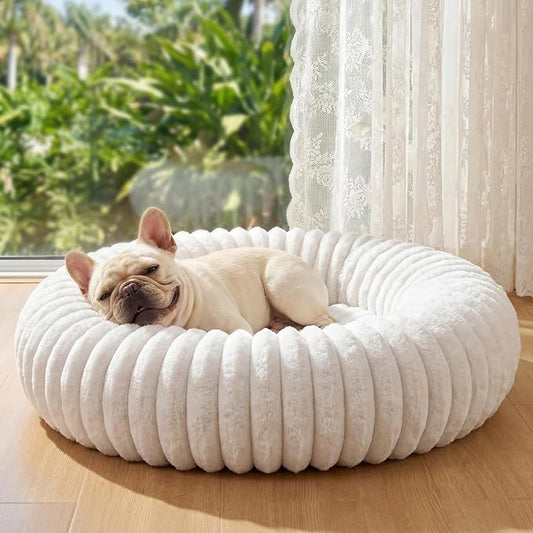 Donut Dog Bed for Small & Medium Dogs, Pet Bed with Non-Slip Bottom, Winter Comfort Dog Beds for Puppies, Washable & Portable Egg Tart Shape (M) Medium Dog Bed self Warming