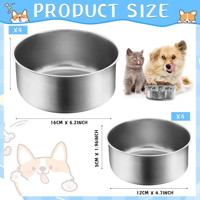 Zubebe 8 Pcs Stainless Steel Hanging Dog Crate Bowls, Non-Spill Kennel Food Water Bowls with Screw Clamp Attach Holders, Removable Mountable Metal Cage Feeder for Pet(41 Oz,19 oz)