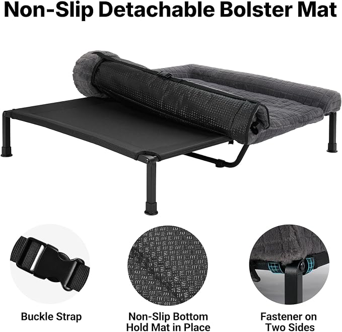 Veehoo Elevated Dog Bed with Fluffy Plush Bolster Cushion, Dog Couch Bed | Cooling Raised Dog Bed for Large Dogs, Washable Orthopedic Pet Cot with Removable Mat, Breathable Mesh, Non-Slip, 48", Grey