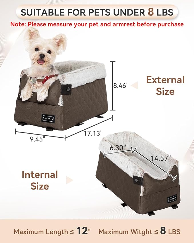 PETSFIT Dog Console Car Seat with Dual Adjustable Seat-Rail Anchor Hooks | Anti-Collapse Leather Armrest Booster Carseat with Safety Tether, Washable Cushion, Soft Pillow for Pets Under 8 lbs,Coffee