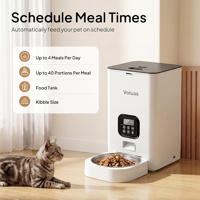 VOLUAS Automatic Cat Feeder, 6L Timed Dry Food Dispenser for Cats & Dogs | Programmable Portion Control, Up to 4 Meals Daily, Dual Power Supply, Power-Off Memory, 10-Second Voice Recorder