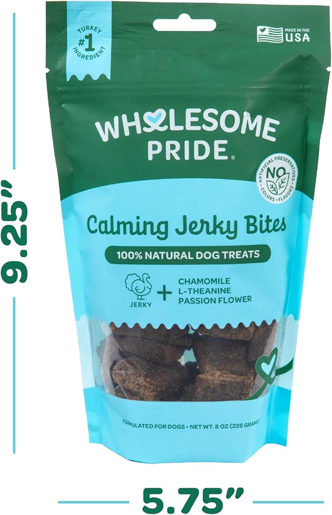 Wholesome Pride Functional Calming Support Turkey Jerky Bites, USA Made Calming Dog Treats - 8 oz