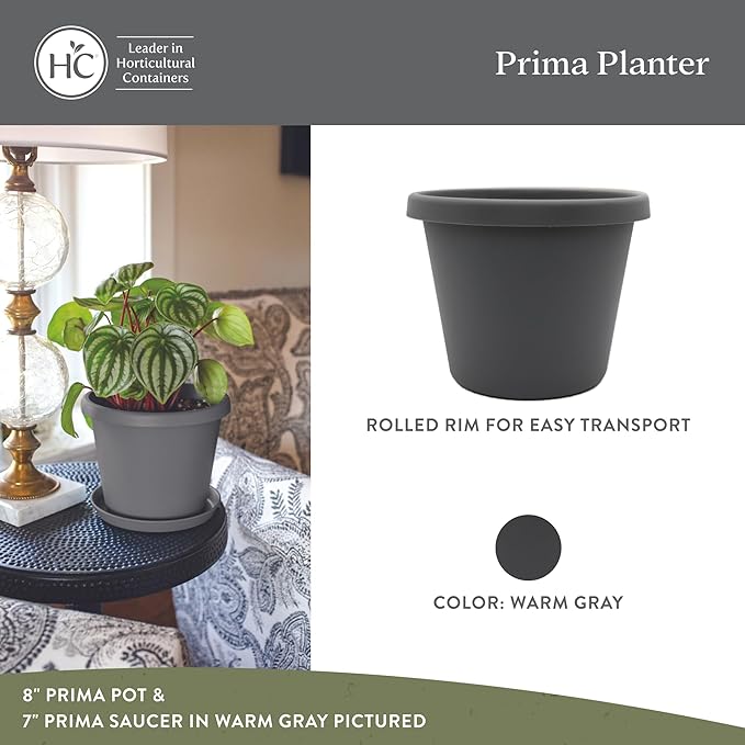 The HC Companies 16 Inch Prima Round Planter Pots with Drainage Holes and Rolled Rim, Lightweight UV-Resistant Plastic Indoor & Outdoor Planters, 2-Pack Flower Pots for Garden & Home Decor, Warm Gray