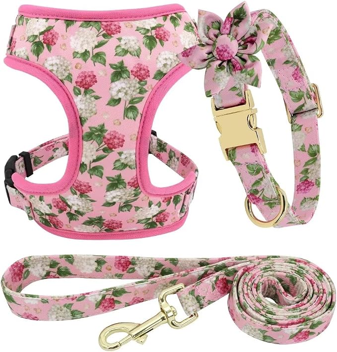 Beirui Cute Dog Collars,Harnesses,Leashes Set, Floral Pattern, Pink,M | Girl Dog Harness Set with Flower, Adjustable and Soft Mesh Lining, For Medium Dogs Daily Walks