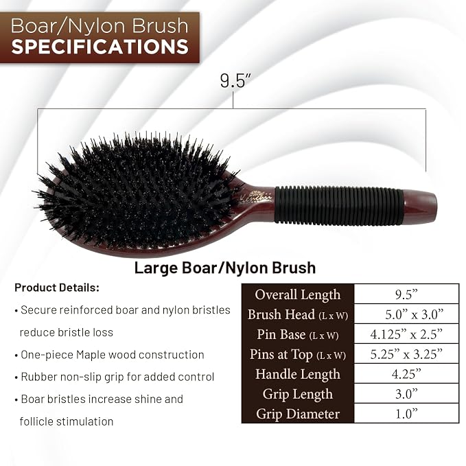 Kenchii Boar and Nylon Bristle Brush for Dog and Cat, Professional Grooming Brush with Maple Body, Lightweight, Non-Slip Rubber, Size Large