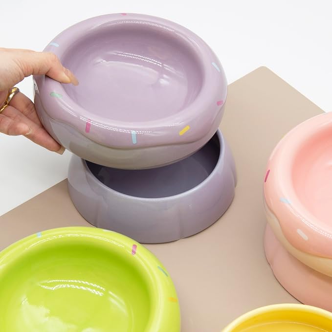 Donut Duo Ceramic Dog Bowl, Dog Water Bowl and Dog Food Bowl, Pet Bowls (Purple)