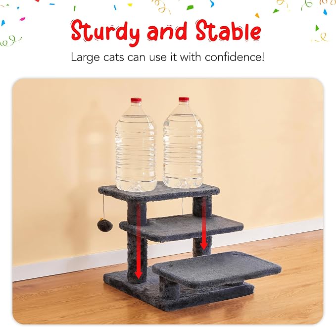 15''H Multi-Step Pet Stairs for High Beds & Sofas, 3-Step Cat Stairs with 2 Toy Balls, Wide Boards for Indoor Kittens Dogs Pets Climbing, Smoky Grey