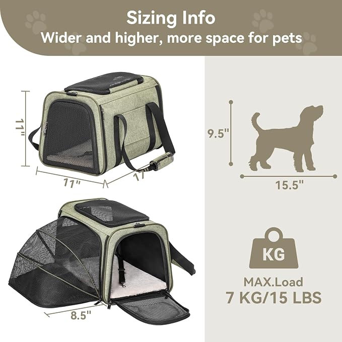 Petsfit Medium Expandable Cat Carrier for Air Travel, Up to 13 lb | 17 x 11 x 11 in; sized for Delta Airlines, with locking zippers, a handy D-ring, large pocket and multi-side ventilation.