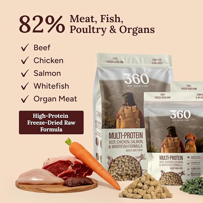 360 Pet Nutrition Freeze-Dried Raw Dog Food – Multi-Protein with Beef, Chicken, Fish, Liver & Organs, High Protein Omega-3s Fruits Veggies & Superfoods Grain-Free, No Fillers, 6 x 5 oz – Made in USA