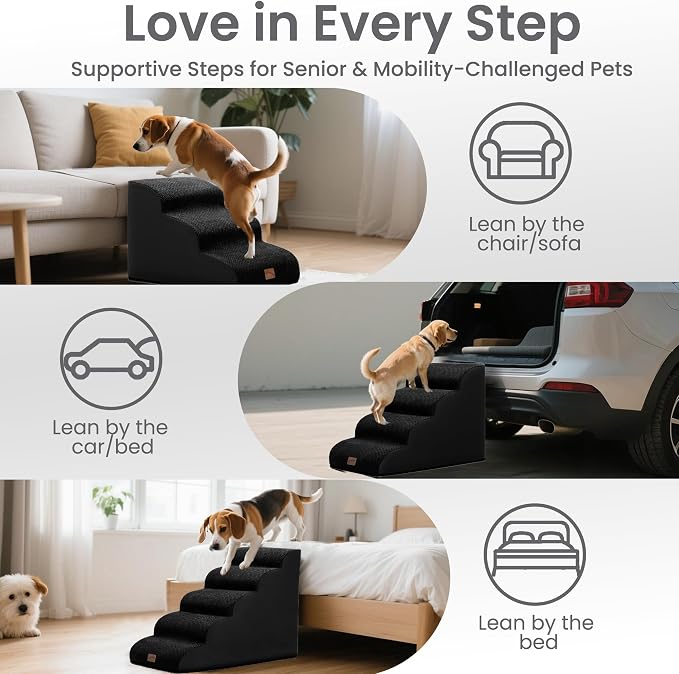 GoGoBunny Waterproof High Density Foam Curved Dog Stairs for High Beds Couches 19.7" H, 4-Step Ramp Dog Steps Friendly to Small Medium Dogs or Pets Joints, Non-Slip Balanced Durable Pet Step, Black