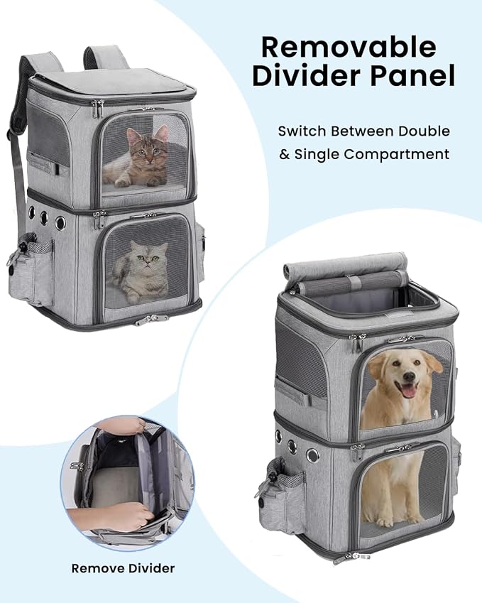 HOVONO Double-Compartment Cat Backpack Carrier for Mulit-Cat Families | Extra Large Pet Backpack Carrier for 2 Cats with Removable Divider and Breathable Mesh Windows for Hiking/Camping/Vet Visits