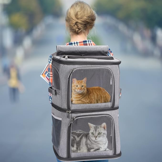 2-in-1 Double Pet Carrier Backpack for Small Cats & Dogs, Grey | Portable Pet Travel Carrier with Super Ventilated Design, Ideal for Hiking, Camping and Outdoor Adventures