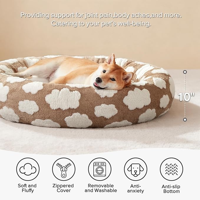JOEJOY Jacquard Donut Round Dog Beds Large Sized Dog, Brown 36x36x8in, Removable Washable Cover, Cute Pattern, Ultra Soft Fluffy Calming Pet Bed with Thick Supportive Bolster