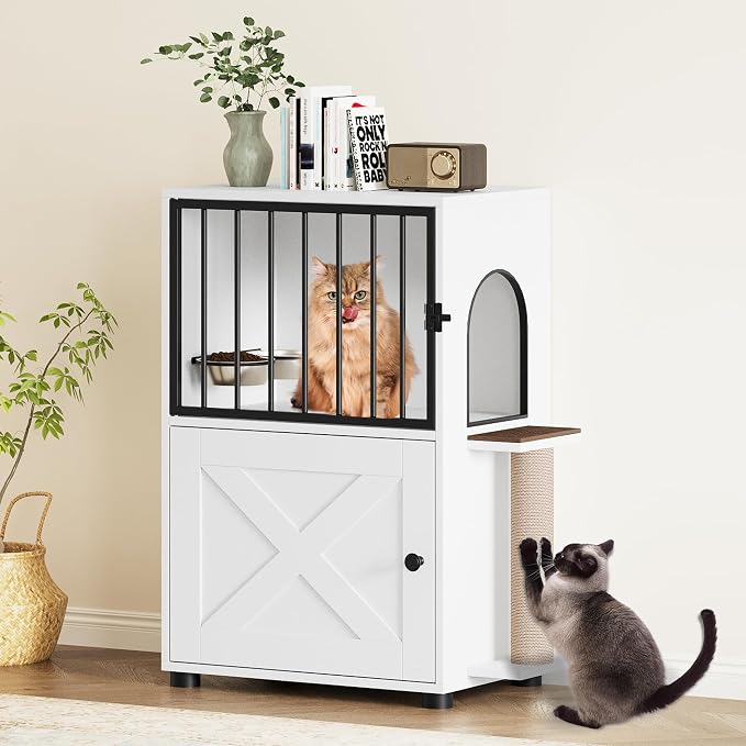 Dog Proof Cat Feeding Station, Dog Proof Cat Feeder, Cat Food Table, White | Cat Feeding Station with Scratching Post, Elevated Food Bowls with Stand, Cat Tree with Food Storage, Cat House