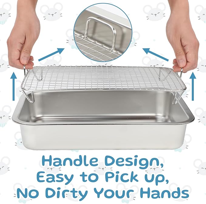 FHTONGE Stainless Steel Guinea Pig Litter Box for Cage, Stainless Steel Litter Pan for Rabbit Rat Hedgehog Hamster Ferret, Rectangular Chinchilla Metal Tray Small Animal Toilet Trainer with Grid
