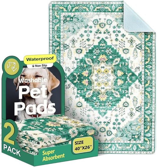 Washable Pee Pads for Dogs, 2 Pack Reusable Puppy Training Pads 40"x26" Super Absorbent Waterproof Dog Training Pads, Non-Slip Potty Pads, Whelping Pads Litter Mat Green Medallion