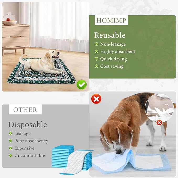 Homimp Washable Pee Pads for Dogs, 2 Pack Reusable Puppy Pads Waterproof, Absorbent and Leakproof Dog Pee Pads, Non Slip Puppy Training Pads, Pet Mat for Floor, Crate, Couch, Whelping,Green, 36"x41"