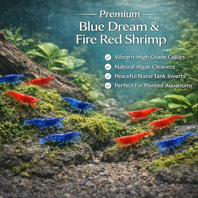 10 Blue & 10 Fire Red Live Freshwater Shrimp High Grade Live Shrimps – Freshwater Shrimp Aquarium Inverts, Hardy Nano Tank Healthy Shrimps Pets – with Live Arrival Guarantee (Pack of 20)